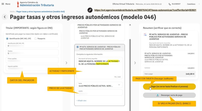 Ejemplo del formulario de pago 046 